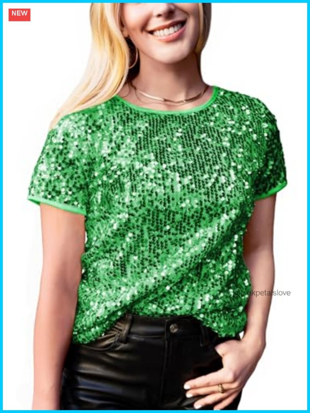 Sequin Tunic Top Short Sleeve Round Neck Slim Fitted
